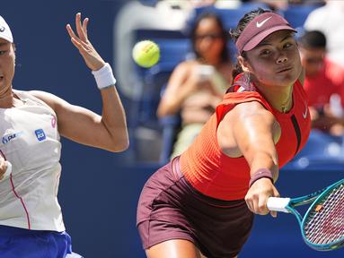 Laga seru akan tersaji dalam pertandingan putaran kedua US Open 2025 antara petenis tunggal putri Indonesia, Janice Tjen melawan petenis tunggal putri Inggris sekaligus juara US Open 2021, Emma Raducanu. (Foto kolase: AP Photo)