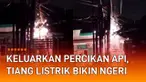 Sebuah tiang listrik muncul percikan api pada malam hari mengundang perhatian.