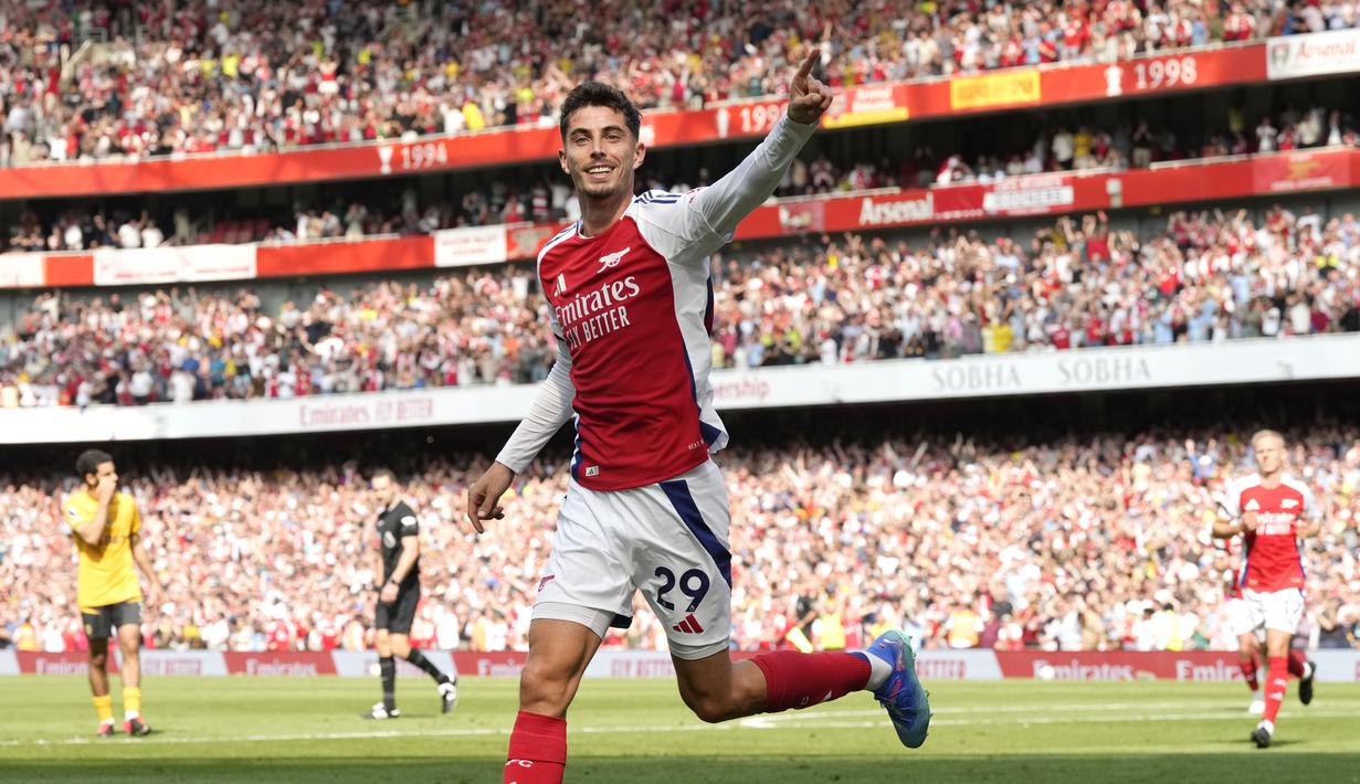 Berkat hasil ini, Arsenal menempati peringkat kedua klasemen Premier League dengan tiga poin. Sementara Wolverhampton terpuruk di posisi 19. (AP Photo/Frank Augstein)