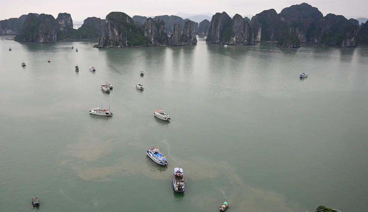 Kapal-kapal wisata berlayar di perairan Ha Long Bay, Provinsi Quang Ninh, Vietnam, Jumat (10/5/2019). Pulau-pulau di kawasan Ha Long Bay membentuk gumpalan batuan kapur putih nan indah dan menakjubkan. (Manan VATSYAYANA/AFP)