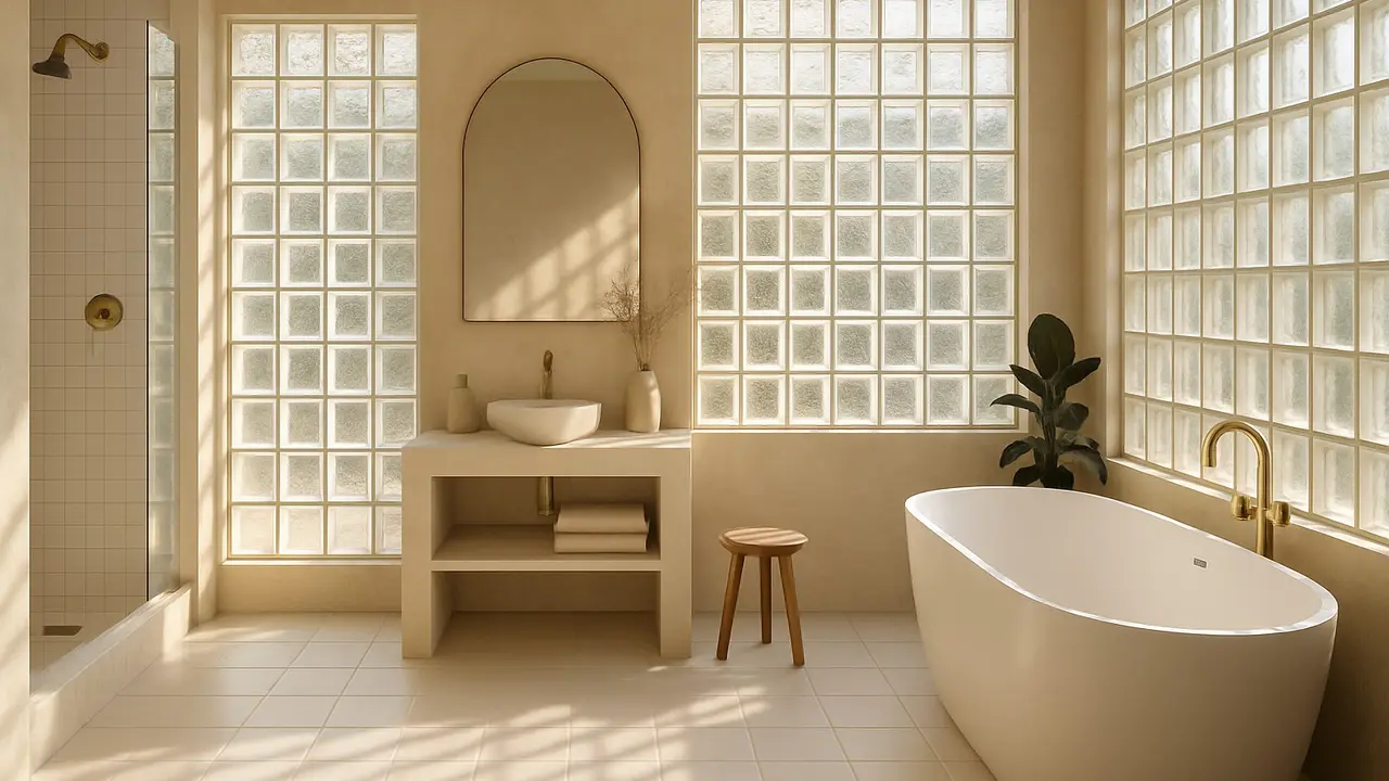 Inspirasi Desain Glass Block Kamar Mandi yang Lagi Tren di 2025/via AI
