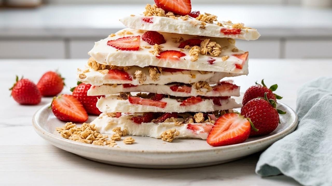 Resep Stroberi Yogurt Bark dengan Topping Granola, Camilan Dingin yang Praktis dan Menyegarkan