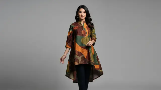Tunik Batik High-Low Detail Kerah Mandarin