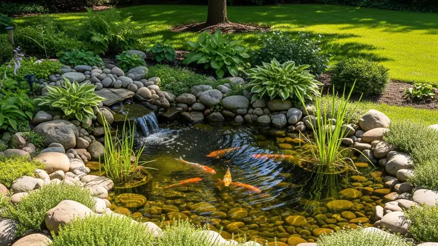 Ide Halaman Belakang Rumah dengan Kolam Ikan Kecil Alami (AI)