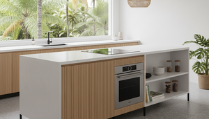 Meja kompor Fluted-Style Wooden Kitchen Island (Gemini AI)