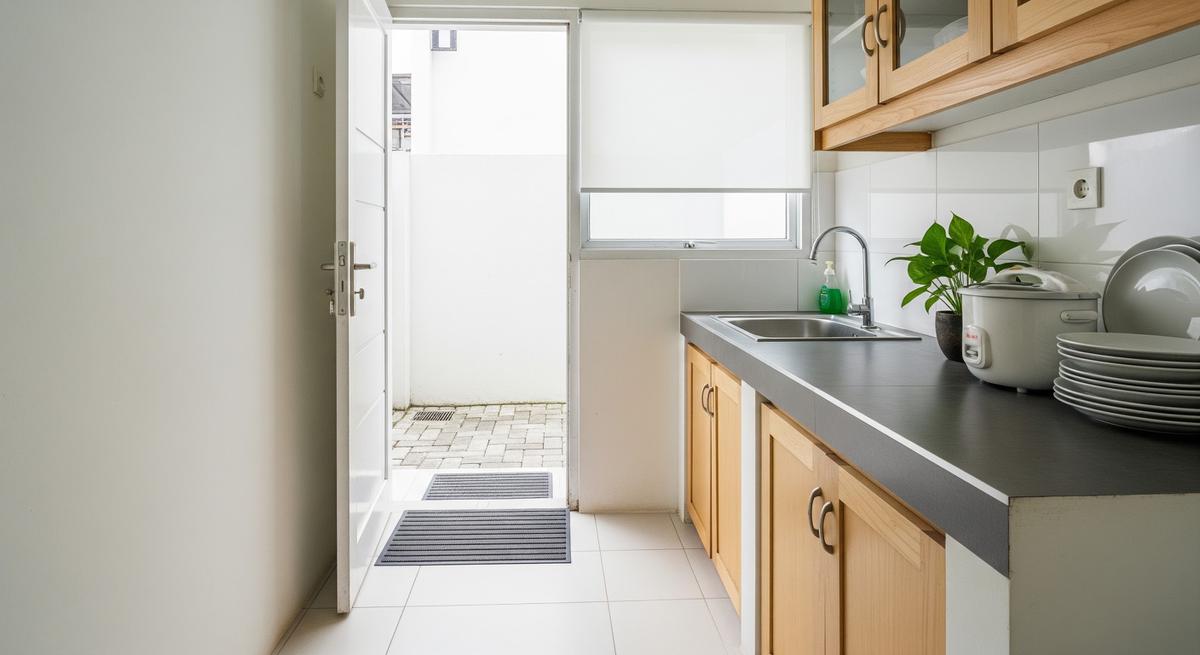 Cara Menata Dapur Belakang Rumah Sempit agar Tidak Becek Saat Hujan Deras dengan Meletakkan Keset di Titik Masuknya Air