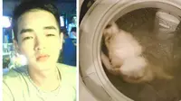  Jacky Lo memposting foto seekor anjing berbulu putih sedang berputar-putar dalam mesin cuci yang berisi air.