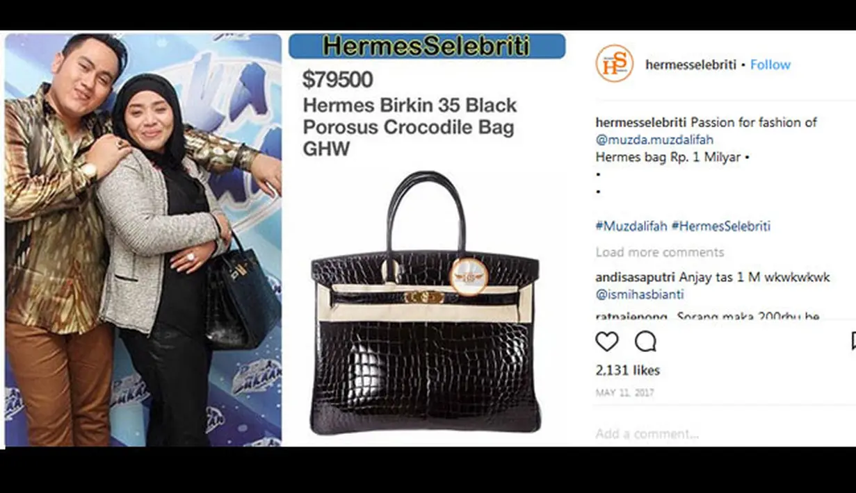 Muzdalifah, mantan istri King Nasar ini juga barang-barangnya pasti punya harga setinggi langit. Seperti halnya tas hitam dari hermes yang dipakainya ini memiliki harga mencapai 1 Milyar rupiah. (Instagram/hermesselebriti)