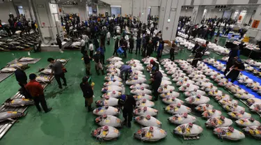 Pembeli, pekerja dan juru lelang menghadiri lelang tuna pada hari pertama pembukaan pasar ikan Toyosu di Tokyo, Kamis (11/9). Pasar ikan Toyosu menggantikan pasar ikan legendaris yang sudah mendunia, Pasar Tsukiji. (Toshifumi KITAMURA/AFP)