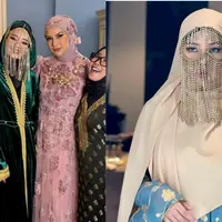 Pesona cantik Inara Rusli dengan abaya suede warna hijau dan chain face mask khas Arab. [@mommy_starla]