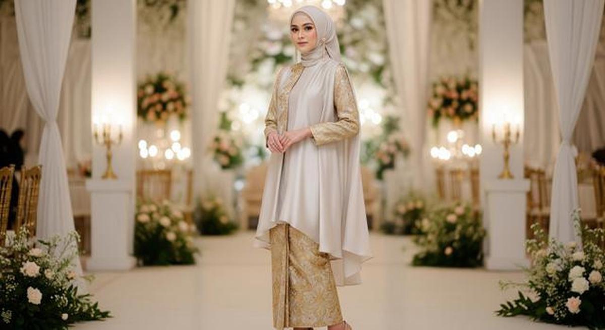 7 Model Gamis Cloud Dancer Kombinasi Gold untuk Kondangan Glamor, Tampil Mewah Tanpa Berlebihan