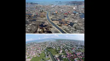 Perbandingan kondisi salah satu wilayah di Aceh setelah 10 tahun peristiwa tsunami berlalu. (AFP PHOTO/CHOO Youn-KONG-atas, AFP PHOTO/Chaideer Mahyuddin-bawah)