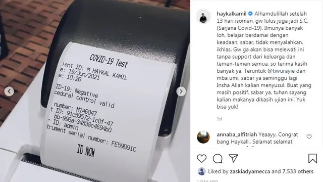 Haykal Kamil Banyak mendapat pelajaran selama menjalani isolasi mandiri