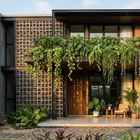 Desain Fasad Rumah dengan Roster dan Tanaman Gantung (created by AI)