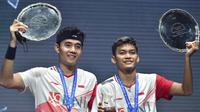 Gelar All England 2022 merupakan gelar kedua Muhammad Shohibul Fikri/Bagas Maulana sepanjang karier mereka. Gelar pertama didapat pada turnamen Hyderabad Open 2019. (AP/Rui Vieira)
