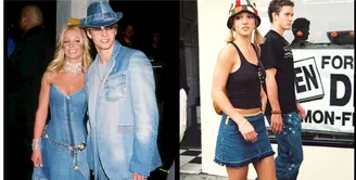 Jalan-jalan di Los angeles tahun 2000, Britney dan Justin tampil kompak dengan padu-padan top hitam dan bottom denim. [@throwback.britney/@britney.videos/@2000baddiess]