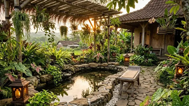 Taman Rustic dengan Batu Alam dan Lampu Kayu