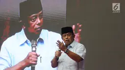 Ketua BPN Prabowo Subianto-Sandiaga Uno, Djoko Santoso saat memberikan pidato pada acara Syukuran dan Munajat Kemenangan Prabowo-Sandi di Padepokan Pencak Silat TMII, Rabu (24/4). (Liputan6.com/Herman Zakharia)