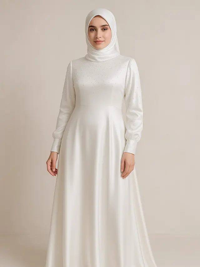 Model Gamis Berbunga dan Dress Putih Islami untuk Acara Pernikahan