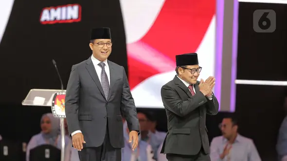 Calon Presiden dan Calon Wakil Presiden nomor urut 1 Anies Baswedan (kiri) dan Muhaimin Iskandar saat tiba untuk mengikuti Debat Kelima Pilpres 2024 di Jakarta Convention Center (JCC), Jakarta, Minggu (4/2/2024). (Liputan6.com/Angga Yuniar)