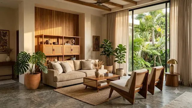 Model Rumah dengan Lantai Semen Ekspos dan Dekorasi Kayu