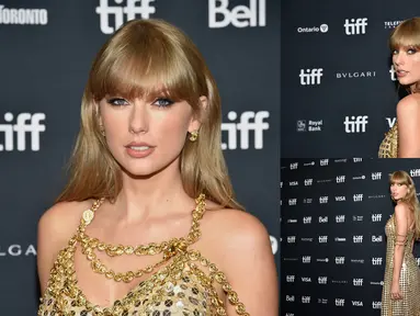 Foto kolase memperlihatkan saat Taylor Swift menghadiri Toronto International Film Festival (TIFF) di Toronto, Kanada, 9 September 2022. Taylor Swift tampil glamor dengan mengenakan gaun emas berkilauan. (Photo by Evan Agostini/Invision/AP)