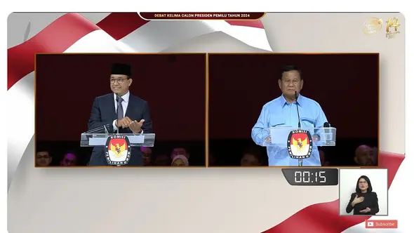 <p>Calon Presiden (Capres) nomor urut 01 Anies Baswedan dan Capres nomor urut 02 Prabowo Subianto saat debat Pilpres 2024 terakhir yang digelar Minggu (4/2/2024) di Jakarta Convention Center (JCC), Senayan, Jakarta Pusat. (Tangkapan Layar YouTube KPU RI)</p>
