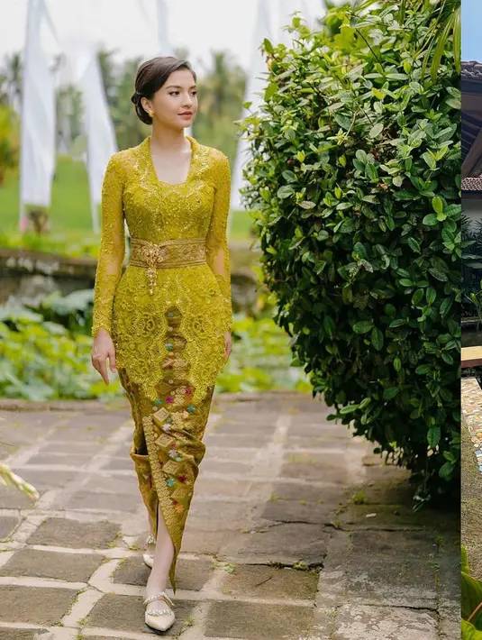 Paduan kebaya Bali dengan kain endek berwarna kuning mustard dipakai Raline Shah saat kondangan [@ralineshah]