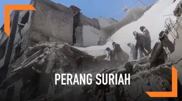 Sejumlah bangunan hancur di kawasan Ariha hancur setelah dibombardir militer Suriah hari Senin (27/5). Serangan udara ini menewaskan 6 warga.