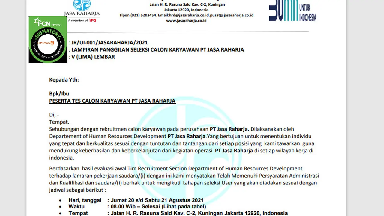 Cek Fakta Liputan6.com menelusuri surat pemanggilan tes calon karyawan PT Jasa Raharja