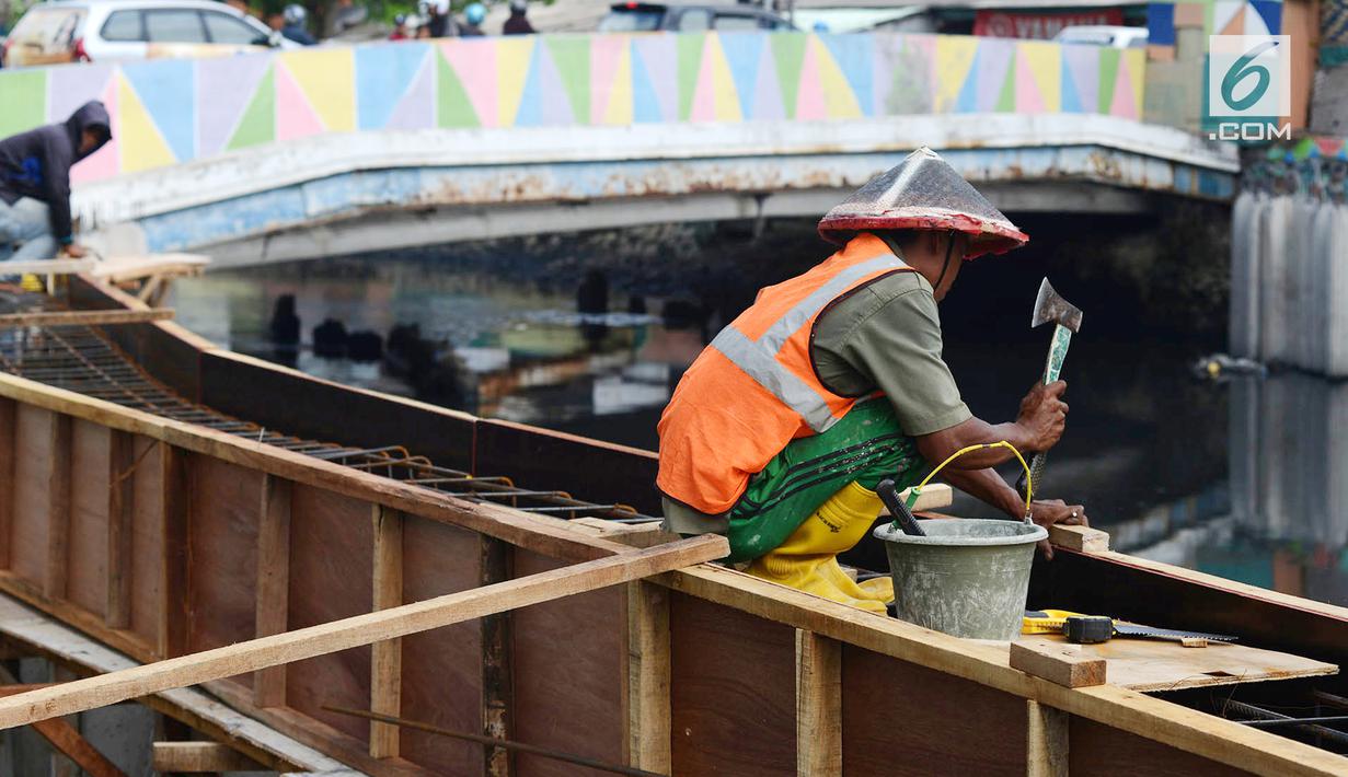 Aktivitas pekerja saat memasang turap atau sheetpile Kali Item, Jakarta, Rabu (2/1). Turap sepanjang 1.900 meter pada sisi kanan dan kiri kali untuk mengantisipasi genangan dan banjir di kawasan tersebut pada musim hujan. (Merdeka.com/Imam Buhori)