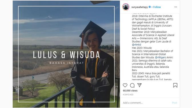 Putra Dewi Yull dan Ray Sahetapy, Surya Sahetapy telah menyelesaikan pendidikan dengan meraih predikat cum laude di New York, Amerika Serikat. (dok. Instagram @suryasahetapy/https://www.instagram.com/p/B_7VMyYBEJv/?hl=en/Putu Elmira)