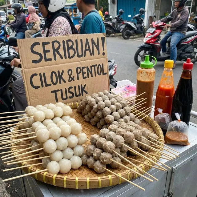 Ilustrasi Cilok dan Pentol Tusuk/Gemini AI