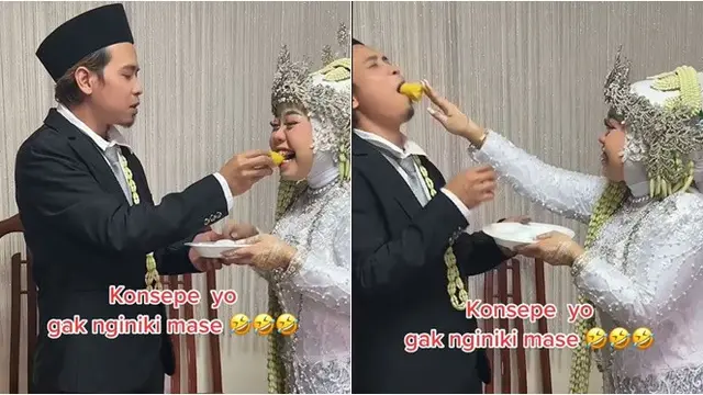 Viral Momen Pengantin Kesusahan Potong Tumpeng, Cara Akhirnya Bikin Ngakak