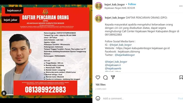 Hafiz Fatur adik Irwansyah Jadi DPO di Kabupaten Bogor