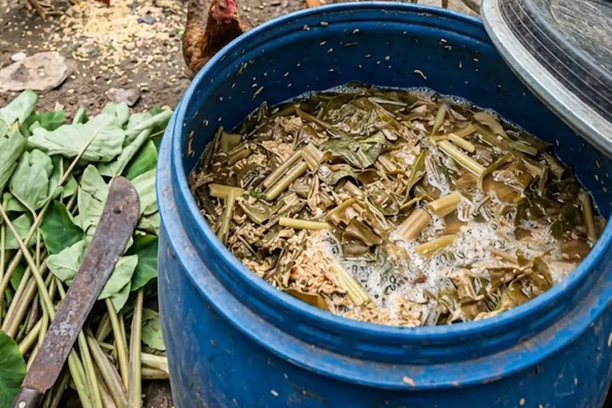 Fermentasi Talas Liar di Halaman untuk Pakan Ternak Ayam Kampung