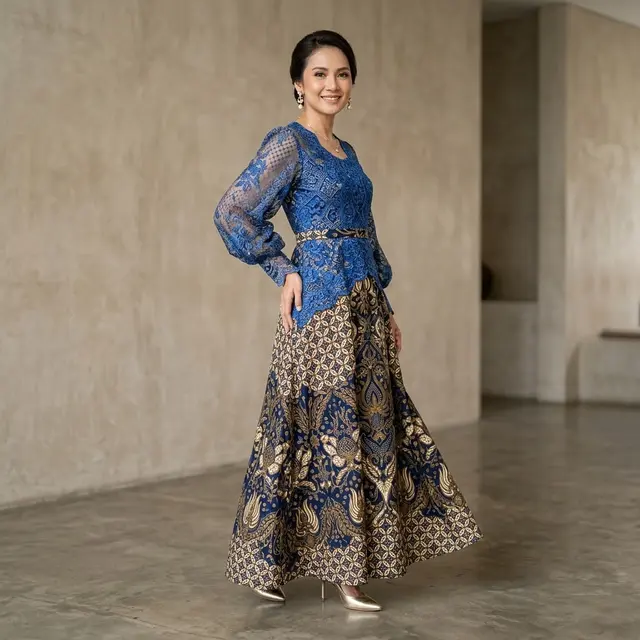 Model Long Dress Brokat Kombinasi Batik Modern