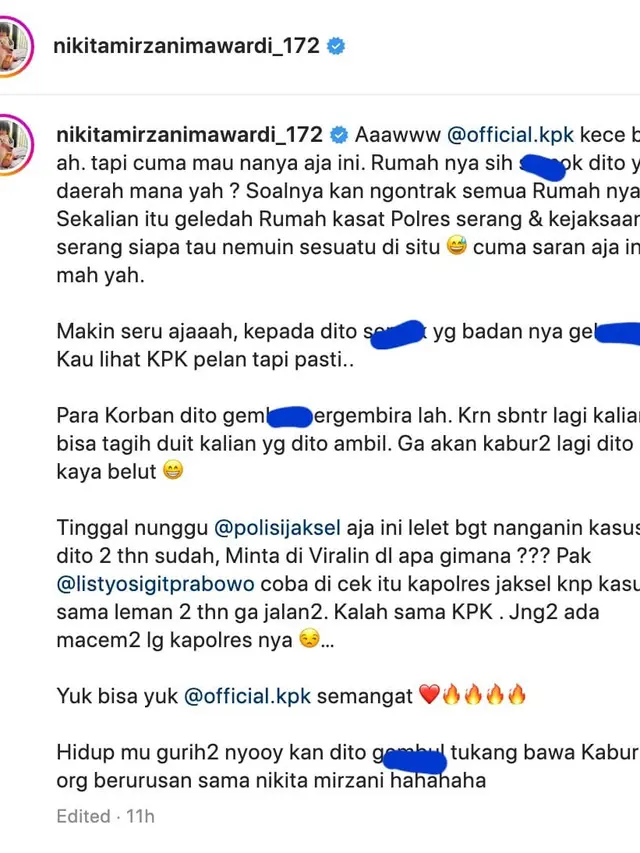 Unggahan Nikita Mirzani soal KPK geledah rumah Dito Mahendra. (Foto: Dok. Instagram @nikitamirzanimawardi_172)