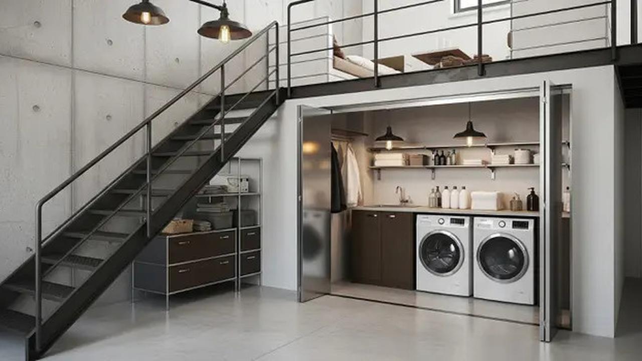 8 Inspirasi Rumah Kecil Mezzanine dengan Area Laundry Tersembunyi di Bawah Tangga