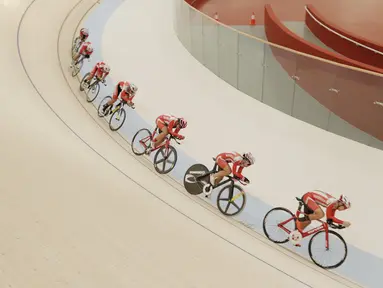 Sejumlah atlet balap sepeda saat menggelar latihan di Jakarta Internasional Velodrome, Jakarta, Selasa (31/7/2018). Menpora berharap para atlet dapat berprestasi di Asian Games 2018. (Bola.com/M Iqbal Ichsan)