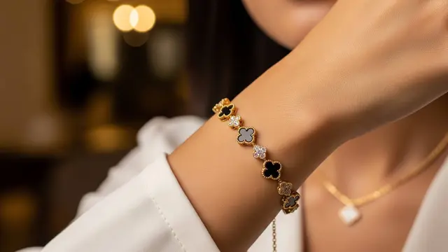 model gelang emas bunga clover hitam kekinian