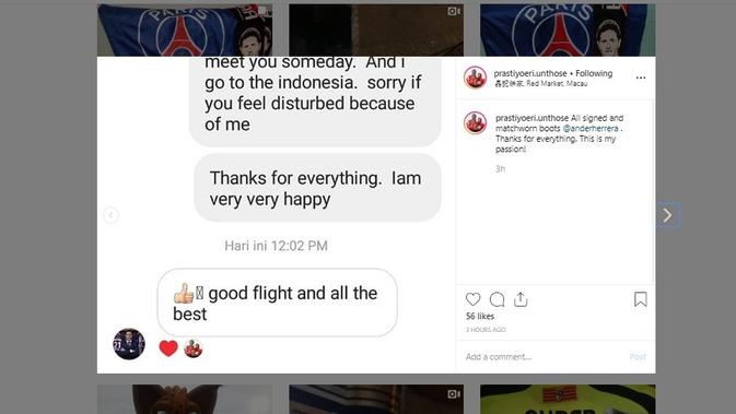 Screenshot percakapan Eri Prastiyo dan Ander Herrera di Instargam. (Bola.com/Dok Eri Prastiyo)