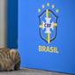 Seekor kucing yang naik ke atas meja media terlihat saat Vinicius Junior dari Brasil melanjutkan konferensi pers. Nelson Almeida, AFP Via Getty Images