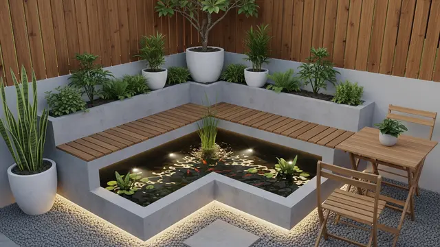 Desain Belakang Rumah Minimalis yang Cocok untuk Kolam Ikan Kecil dan Sudut Santai Keluarga