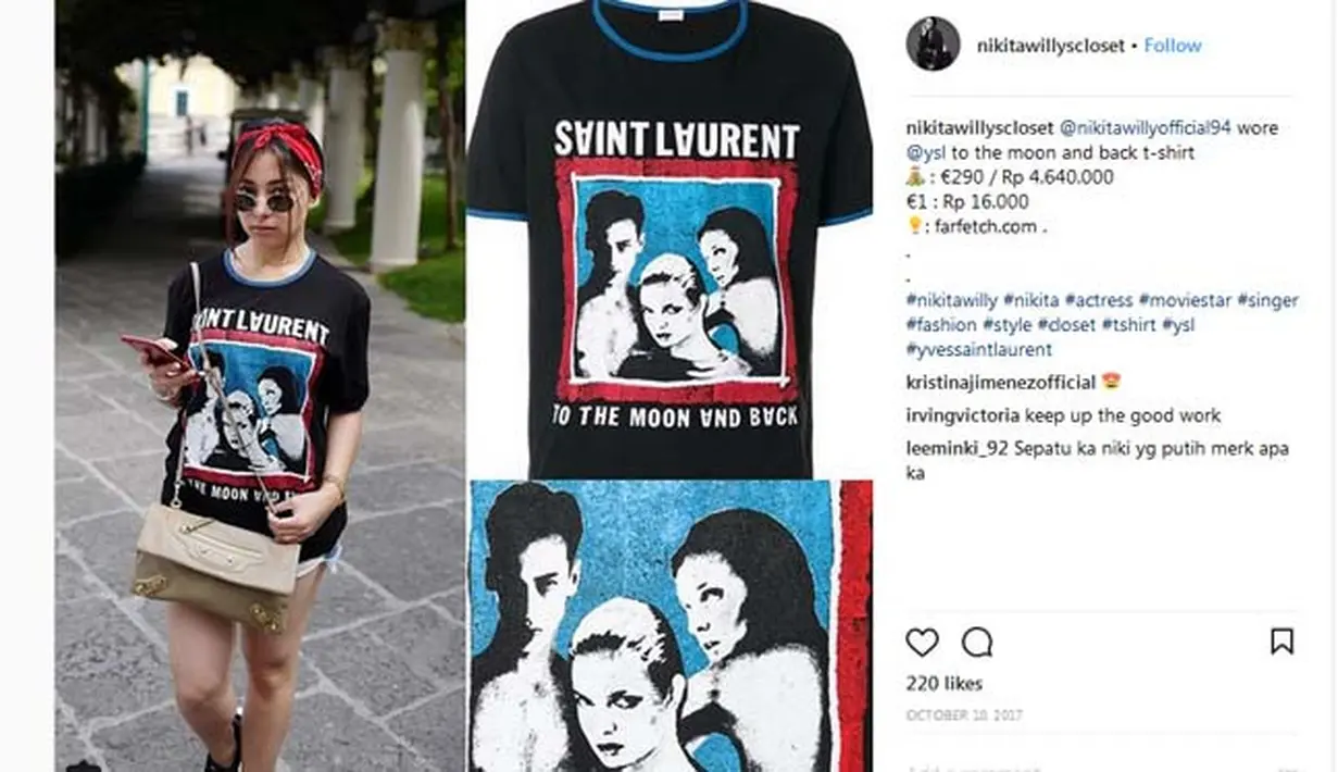 Meski tampil kasual, Nikita Willy dengan memakai kausnya juga kerap tampil mewah. Pasalnya, kaus milik Niki yang satu ini harganya Rp. 4.640.000. (Instagram/nikitawillycloset)