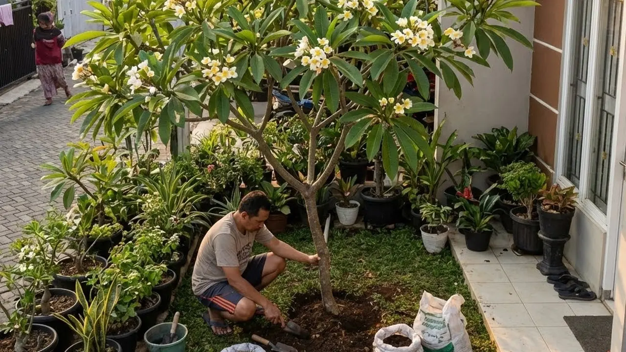 Menanam kamboja di depan rumah