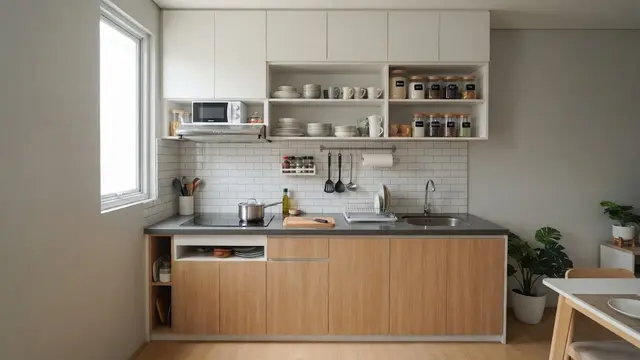 Dapur 1,5 Meter dengan Kompor Tanam dan Kabinet Atas