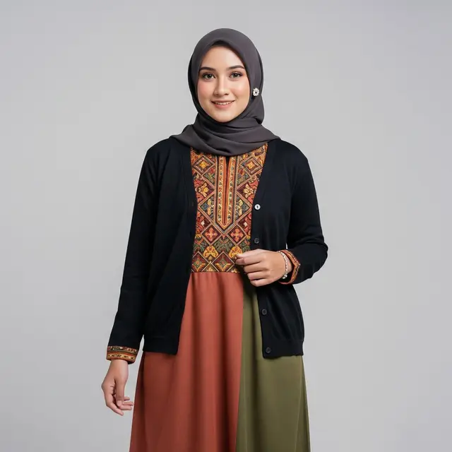 Gamis Bordir Etnik dengan Cardigan Polos