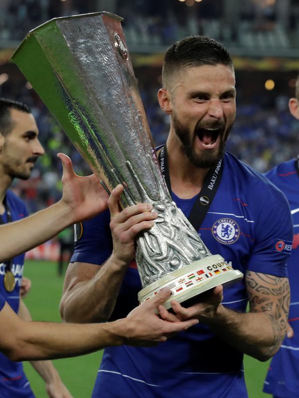Olivier Giroud turut berkontribusi membawa Chelsea meraih kemenangan 4-1 atas Arsenal pada laga final Liga Europa, di Baku Olympic Stadium, Rabu (29/5/2019) malam waktu setempat. (AP Photo/Luca Bruno)