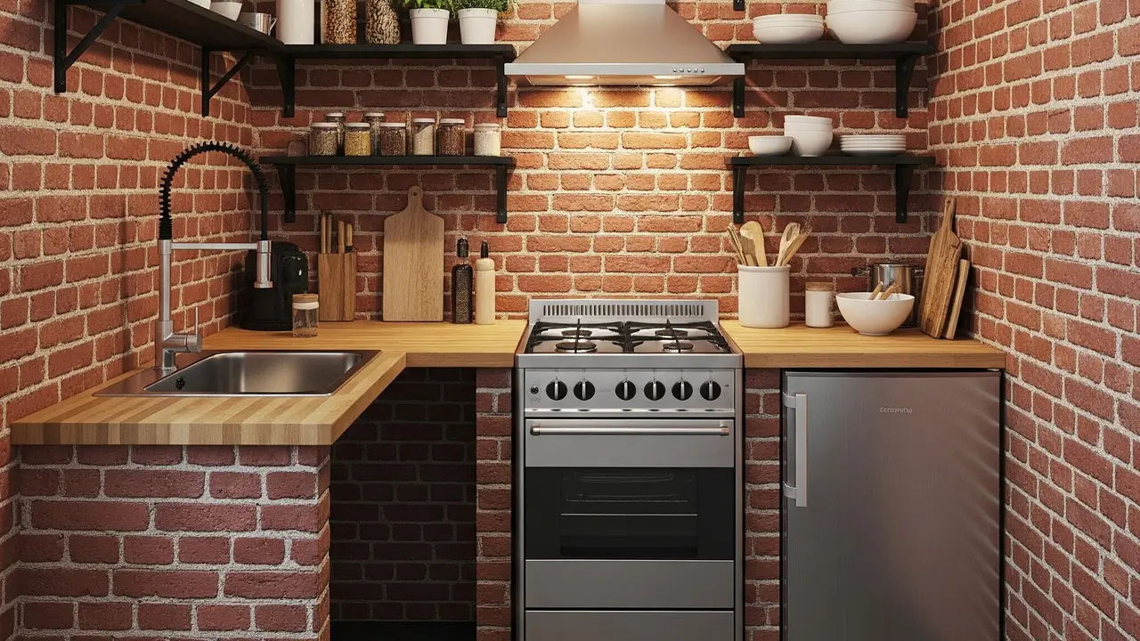 Dapur Rumah Kecil dengan Kombinasi Bata Ekspos dan Rak Besi Hitam